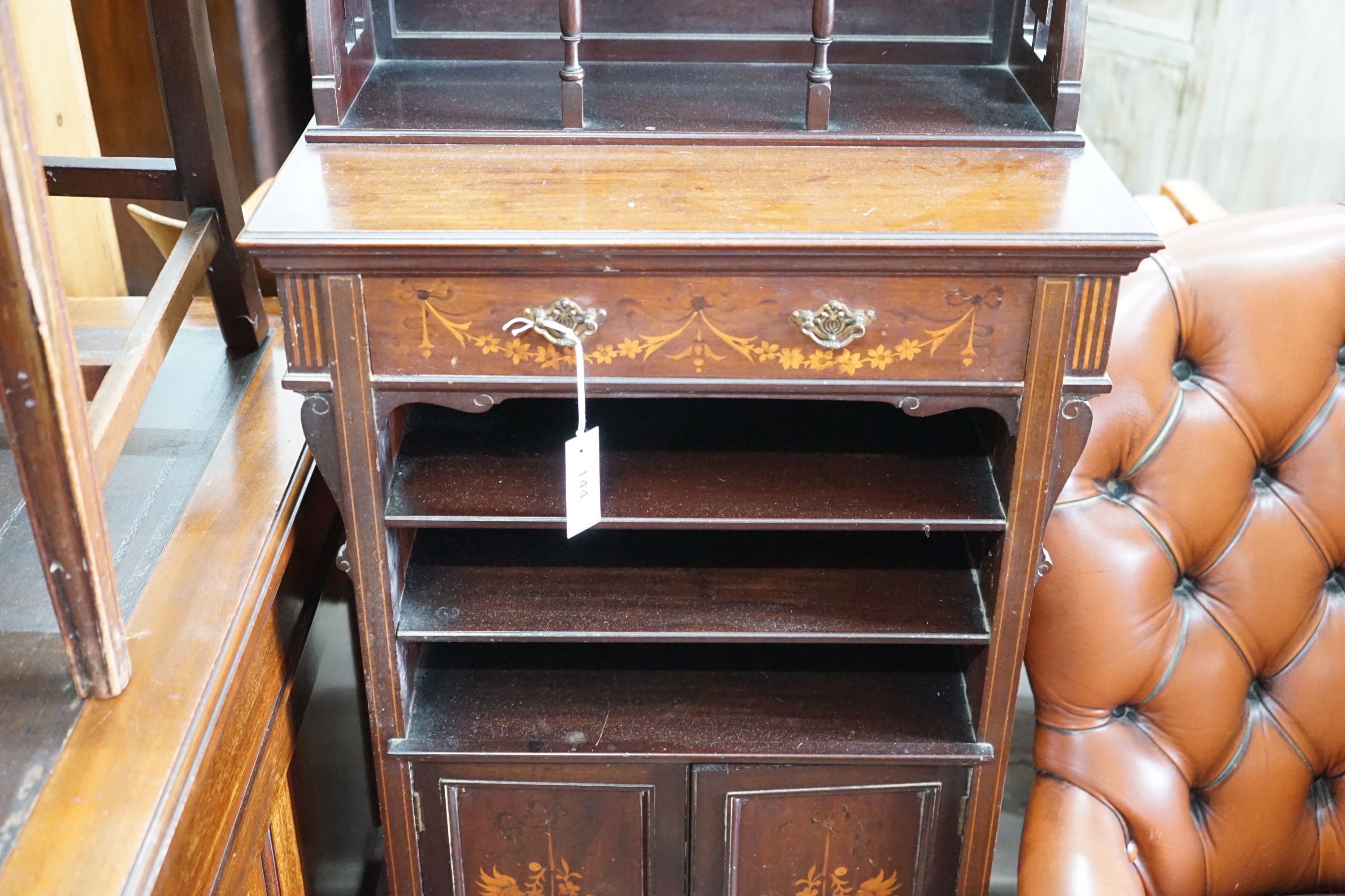 An Edwardian marquetry inlaid mahogany side cabinet, with galleried top, open shelves and a pair of cupboard doors, width 58cm, depth 35cm, height 145cm